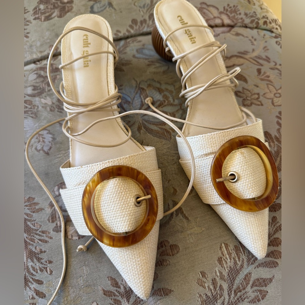 Cult Gaia Cream Mules with Brown Accents